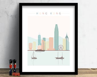 Horizonte de Hong Kong, impresión, impresión de acuarela, arte de la pared, horizonte de China, arte de la acuarela, cartel de la ciudad, paisaje urbano, decoración del hogar, IMPRESIÓN de regalo