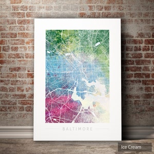 Mapa de Baltimore - Mapa de calles de la ciudad de Baltimore, Maryland - Impresión de arte Ilustración de acuarela Arte de pared Regalo de decoración del hogar - Serie de la naturaleza PRINT
