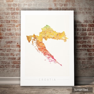 Kaart van Kroatië - landkaart van Kroatië - Art Print aquarel illustratie muur kunst woondecoratie cadeau - SUNSET SERIES PRINT