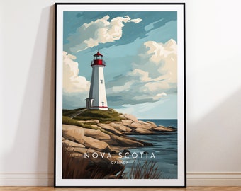 Könnte beinhalten: Ein Vintage-Poster mit einem weißen Leuchtturm mit rotem Dach vor blauem Himmel mit weißen Wolken. Der Leuchtturm steht an einer felsigen Küste mit einem Gewässer im Hintergrund. Der Text "NOVA SCOTIA CANADA" befindet sich am unteren Rand des Posters.