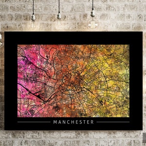 Manchester Map - City Street Map of Manchester England - Art Print Watercolor Illustration Wall Art Home Decor Gift - Sunset Series PRINT