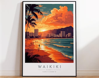 Waikiki Travel Poster - Hawaii, Waikiki Travel Print, Home Decor, Print Framed or Canvas