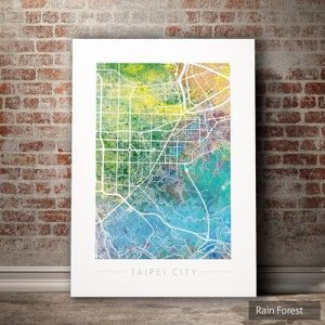 Mapa de la ciudad de Taipei - Mapa de las calles de la ciudad de la ciudad de Taipei, Taiwán - Impresión de arte Ilustración de acuarela Arte de la pared Regalo de decoración del hogar - Serie de la naturaleza PRINT