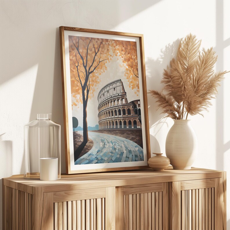 May include: A framed print of a painting depicting the Colosseum in Rome, Italy. The painting is done in a mosaic style with a tree in the foreground and a path leading to the Colosseum. The text "ROME" is printed at the bottom of the painting.