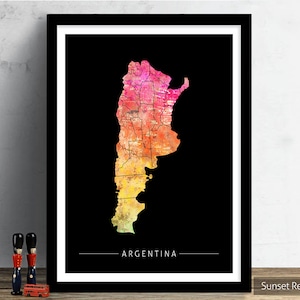 Mapa Argentyny - Mapa kraju Argentyna - Wydruk artystyczny Akwarela Ilustracja Sztuka ścienna Wystrój domu Prezent - DRUK SERII SUNSET