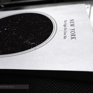 May include: A white print with a star map design, featuring the text "NEW YORK" and "The Night We First Met". The print has a black oval design with constellations and the text "STYLE: Constellations" at the bottom.