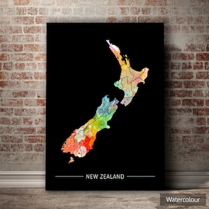Carte de la Nouvelle-Zélande - carte du pays de la Nouvelle-Zélande - impression d'art, illustration aquarelle, art mural, décoration d'intérieur, cadeau - impression de la série SUNSET