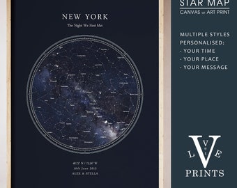 May include: A custom star map print with a dark blue background and white stars. The map shows the night sky over New York City on June 10th, 2015. The text "The Night We First Met" is printed above the map. The coordinates 48.73 N/73.56" W are printed below the map, along with the date and the names "Alex & Stella".