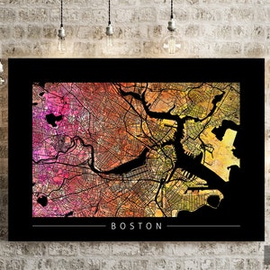 Boston Map - City Street Map of Boston Massachusetts - Art Print Watercolor Wall Art Home Decor Gift - Sunset Series PRINT in WHITE
