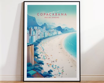 May include: A colourful illustration of Copacabana Beach in Rio de Janeiro, Brazil. The image shows a cityscape with tall buildings, a sandy beach, and blue ocean water. There are many people on the beach, some with umbrellas.