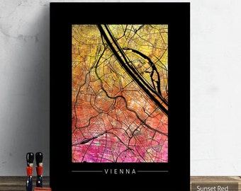 Kaart van Wenen - stadsstratenkaart van Wenen Oostenrijk - Art Print aquarel illustratie muur kunst Home decor cadeau - zonsondergang serie PRINT