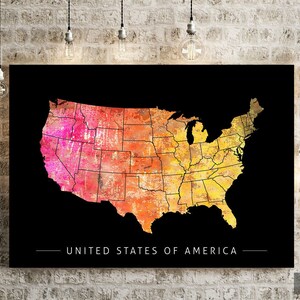 Carte des États-Unis - carte des États-Unis d'Amérique - impression d'art Illustration aquarelle Art mural décoration maison cadeau - impression série SUNSET