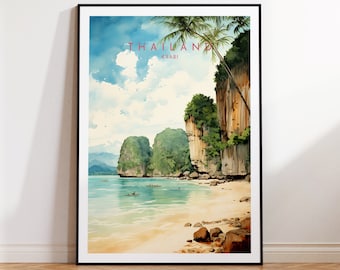 May include: A watercolor painting of a tropical beach scene in Thailand. The painting features a lush green island with towering cliffs, a sandy beach, and turquoise water. The text "THAILAND" and "KRABI" is written in pink at the top of the painting.