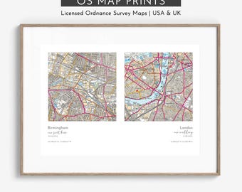 Personalised OS Map Duet Print | Two Locations Ordnance Survey Art | Wedding Anniversary Couple Gift, Where We Met, Engagement Keepsake