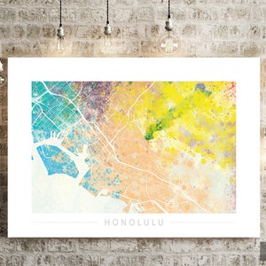 Mapa de Honolulu - Mapa de calles de la ciudad de Honolulu, Hawái, EE. UU. - Impresión de arte Ilustración de acuarela Arte de pared Regalo de decoración del hogar - Serie Naturaleza IMPRIMIR
