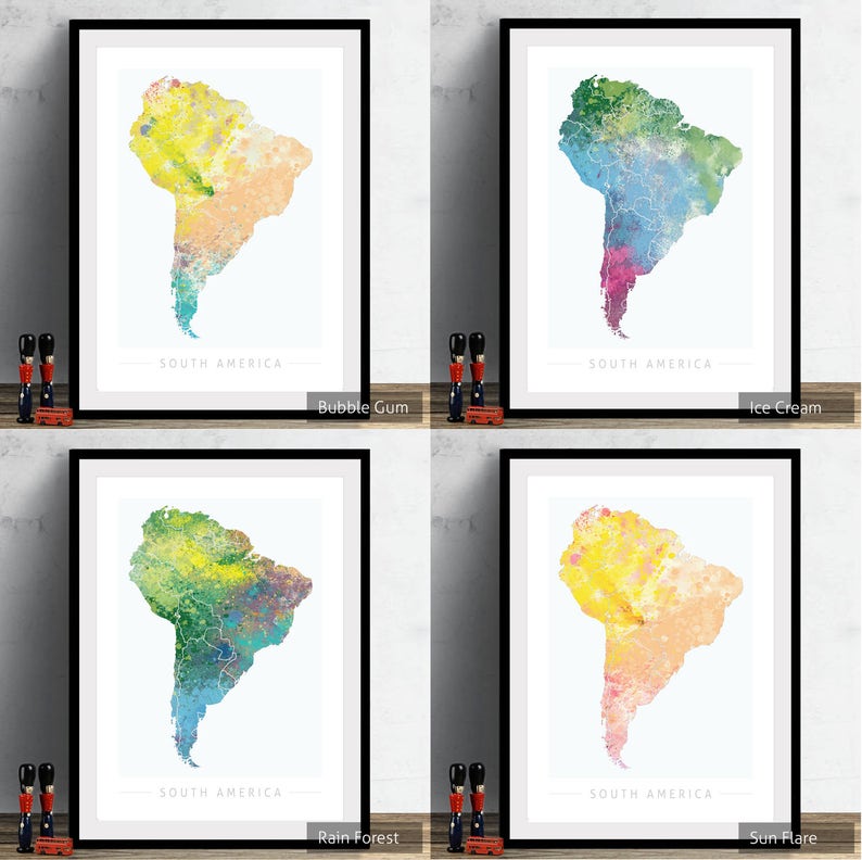 May include: Four framed prints of South America with different watercolor color schemes. The color schemes are: Bubble Gum, Ice Cream, Rain Forest, and Sun Flare.