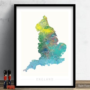 England Karte - Landkarte von England - Kunstdruck Aquarell Illustration Wand Kunst Wohnkultur Geschenk - NATURE SERIE PRINT