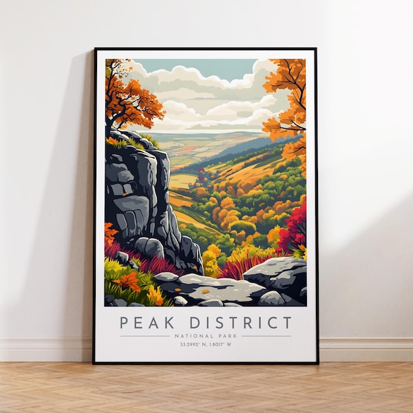 Cartaz de viagem do Peak District - Inglaterra, Parque Nacional, Impressão de viagem do Peak District, Decoração para casa, Impressão emoldurada ou em tela
