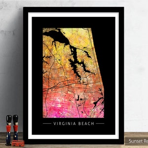 Mappa di Virginia Beach - Mappa stradale della città, Virginia - Stampa artistica Illustrazione ad acquerello Wall Art Home Decor Gift - Sunset Series PRINT