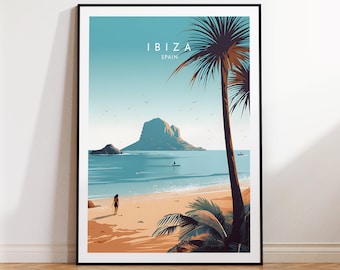 May include: A colourful illustration of a beach scene in Ibiza, Spain. The image features a palm tree, a small island in the distance, and a woman walking on the beach. The text "IBIZA SPAIN" is displayed at the top of the image.