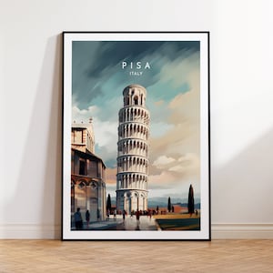 May include: A watercolour illustration of the Leaning Tower of Pisa in Pisa, Italy. The tower is white with a brown roof and is leaning to the right. There are people walking in front of the tower.