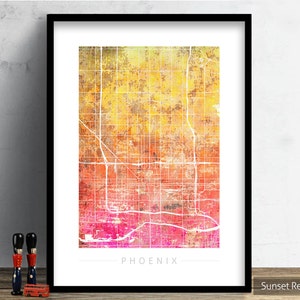 Carte de Phoenix - plan des rues de la ville de Phoenix en Arizona - impression d'art Illustration aquarelle Art mural décoration maison cadeau - impression série coucher de soleil