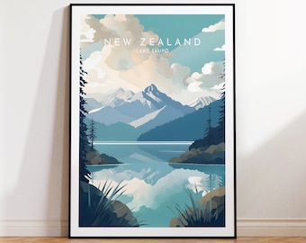 May include: A poster with a blue and white illustration of a mountain range reflected in a lake. The text "NEW ZEALAND LAKE TAUPO" is at the top of the poster.