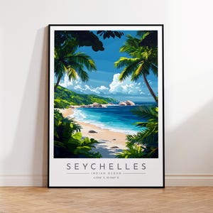 Seychellen Reise Poster - Indischer Ozean, Seychellen Reise Druck, Home Decor, Druck gerahmt oder Leinwand