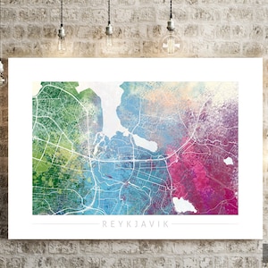 Mapa de Reikiavik - Mapa de calles de la ciudad de Reikiavik Islandia - Impresión de arte Ilustración de acuarela Arte de pared Regalo de decoración del hogar - Serie de la naturaleza PRINT