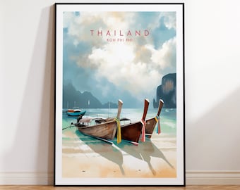 May include: A vintage travel poster featuring a scenic view of Koh Phi Phi, Thailand. The poster features a blue sky with white clouds, a beach with two traditional longtail boats, and a mountain range in the background. The text "THAILAND KOH PHI PHI" is printed in pink on the poster.
