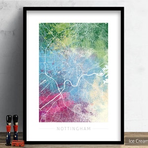 Mapa de Nottingham - Mapa de la calle de la ciudad de Nottingham Inglaterra Reino Unido - Impresión de arte Ilustración de acuarela Arte de pared Regalo de decoración del hogar - Serie de la naturaleza PRINT