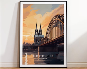May include: A vintage travel poster featuring a view of Cologne Cathedral and the Hohenzollern Bridge in Cologne, Germany. The poster has a sunset sky with a golden hue and the text "COLOGNE GERMANY" at the bottom.