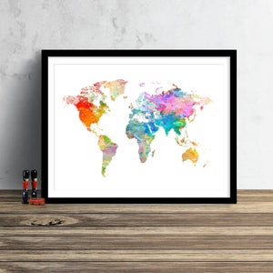 Weltkarte Aquarell Illustration Kunstdruck Große Landkarte Karte Wand Kunst Poster Wohnkultur Geschenk PRINT #WATERCOLOUR WHITE