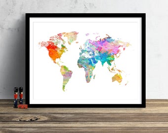 World Map Watercolor Illustration Art Print Large Map Print Map Wall Art Poster Home Decor Gift PRINT #WATERCOLOUR WHITE