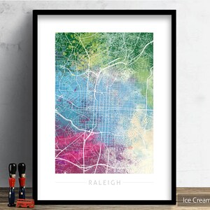 Mapa de Raleigh - Mapa de la calle de la ciudad de Raleigh, Carolina del Norte - Impresión de arte Ilustración de acuarela Arte de pared Regalo de decoración del hogar - Serie de la naturaleza PRINT