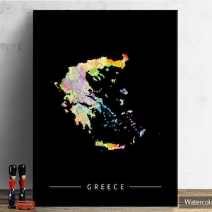 Griechenland Karte - Landkarte von Griechenland - Kunstdruck Aquarell Illustration Wand Kunst Wohnkultur Geschenk - SUNSET SERIE PRINT