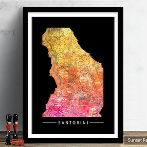 Santorini, Fira Map - Stadtplan, Fira, Griechenland - Kunstdruck Aquarell Illustration Wandkunst Wohnkultur Geschenk - Sunset Series PRINT