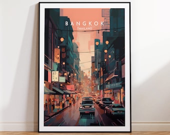 May include: A digital illustration of a street scene in Bangkok, Thailand. The image features a narrow street lined with buildings, with a warm orange sunset in the background. The street is filled with people and cars, and there are string lights hanging overhead.