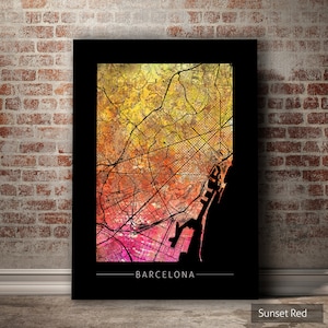 Kaart van Barcelona - stratenplan stad van Barcelona, Spanje - Art Print aquarel illustratie muur kunst Home decor cadeau - zonsondergang serie PRINT