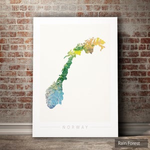 Norwegen Karte - Landkarte von Norwegen - Kunstdruck Aquarell Illustration Wand Kunst Wohnkultur Geschenk - NATURE SERIE PRINT