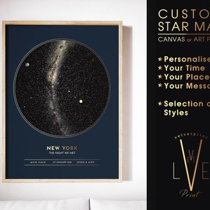 Mapa de estrellas personalizado - CIELO REAL en AZUL / Mapa de estrellas personalizado, regalo de boda, impresión de cielo nocturno, regalo de aniversario, impresión de constelación