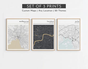 Travel Map Poster Set of 3 | Custom City Prints, Wanderlust Adventure Wall Art, Personalised Destination Gift, Favourite Places Keepsake
