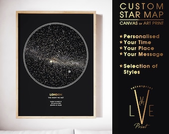 May include: A black and gold custom star map print with a circular design showing the night sky. The print is personalized with the location "London", the date "15th October 2019", and the message "The night we met".