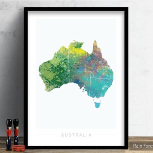 Mapa de Australia - Mapa del país de Australia - Impresión de arte Ilustración de acuarela Arte de pared Regalo de decoración del hogar - IMPRESIÓN DE SERIE DE NATURALEZA