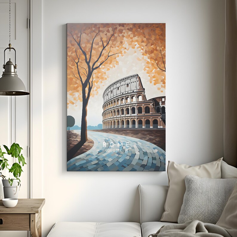 May include: A painting of the Colosseum in Rome, Italy. The Colosseum is a large, ancient amphitheater made of stone. The painting is done in a colorful, abstract style. The painting also features a tree and a path leading to the Colosseum.