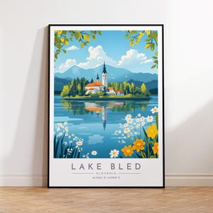 May include: A colourful illustration of Lake Bled in Slovenia. The image features a church on an island in the lake, surrounded by green trees and blue water. The lake is surrounded by mountains and the sky is blue with white clouds. The image also includes a border of yellow and white flowers.