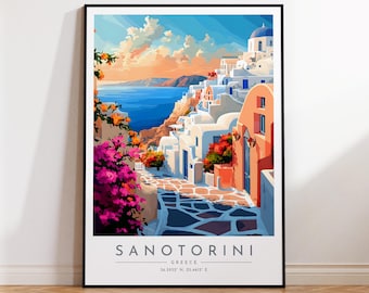 Santorini Travel Poster - Greece, Santorini Travel Print, Home Decor, Print Framed or Canvas