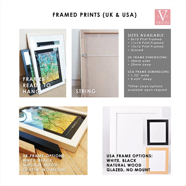 May include: Framed prints available in 8x10, 11x14, and 12x16 sizes. Frames are available in white, black, or natural wood. Frames are glazed and ready to hang.  The frames are 20mm wide and 20mm deep in the UK and 1.25 inches wide and 0.625 inches deep in the USA.