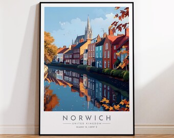 Norwich Travel Poster - England, Norwich Print, Home Decor, Print Framed or Canvas