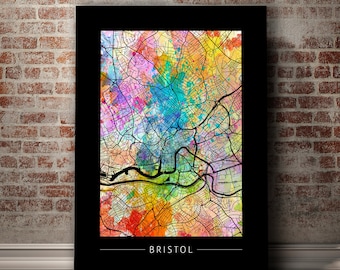 Bristol Map - City Street Map of Bristol, England - Art Print Watercolor Illustration Wall Art Home Decor Gift - Sunset Series PRINT